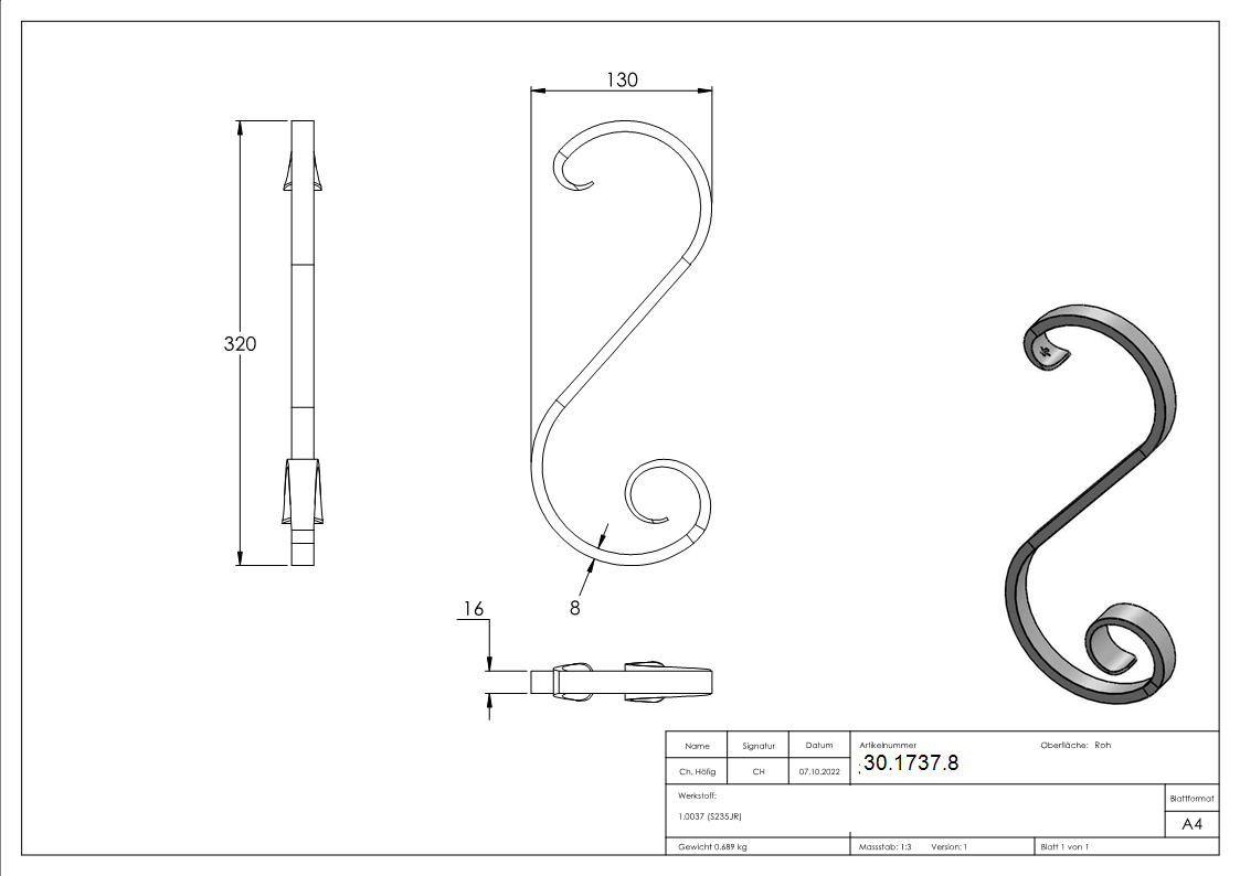 16er Serie - Masse- 130x320 mm - Material- 16x8 mm- glatt  - Stahl S235JR- roh-30-1737.8