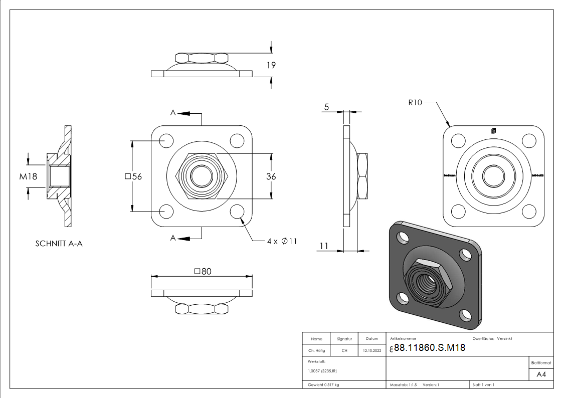 Verstellbare Mauerplatte fuer M18- verzinkt-88-11860-S.M18