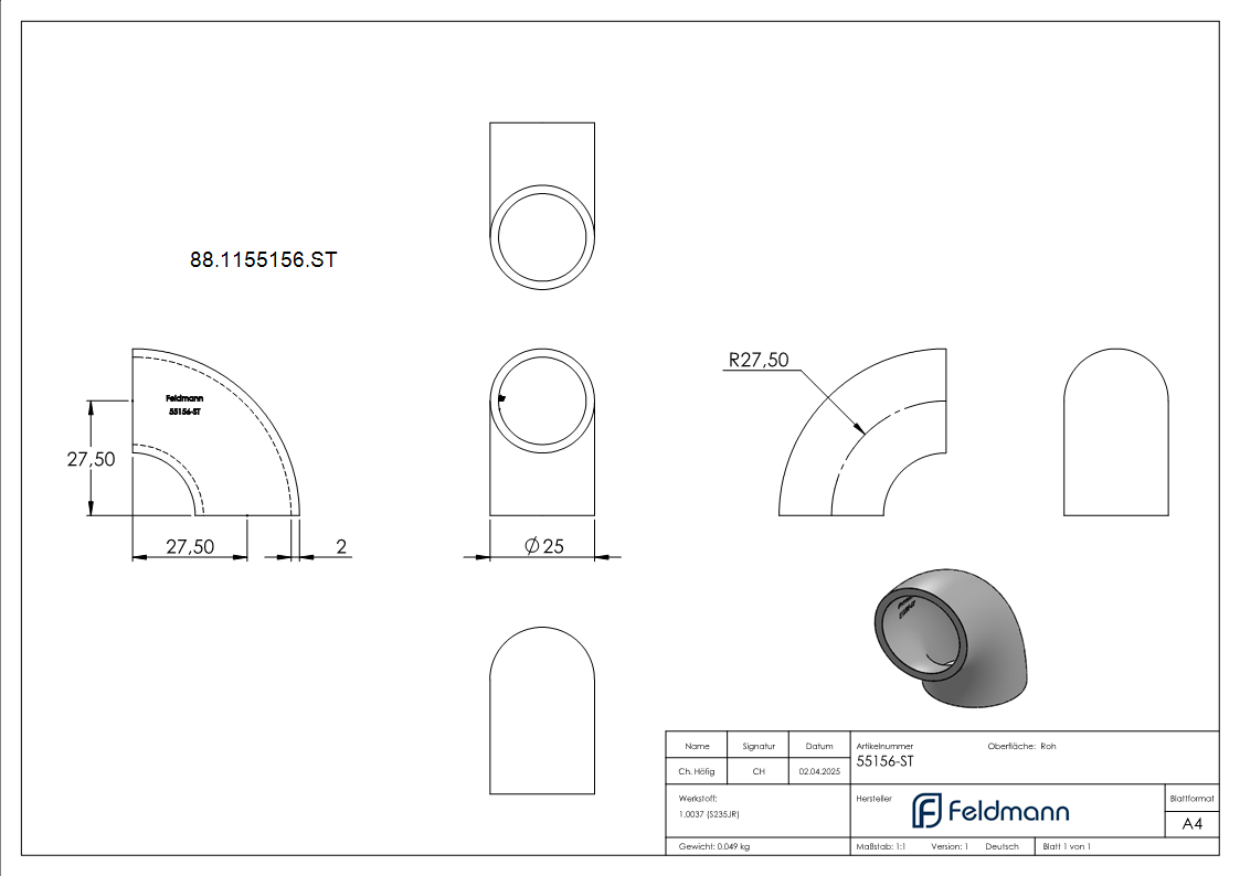 Rohrbogen 90° Stahl roh - 25 x 2-0 mm -Metrisch- - Bauart 3-88-1155156.ST