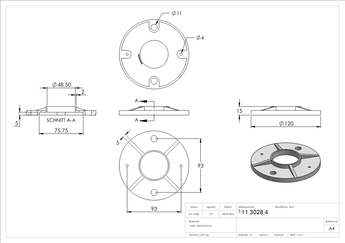 Ankerplatte Masse- Ø 120x8 mm Bohrung Ø 60-3 mm V2A- roh-11-3028.4
