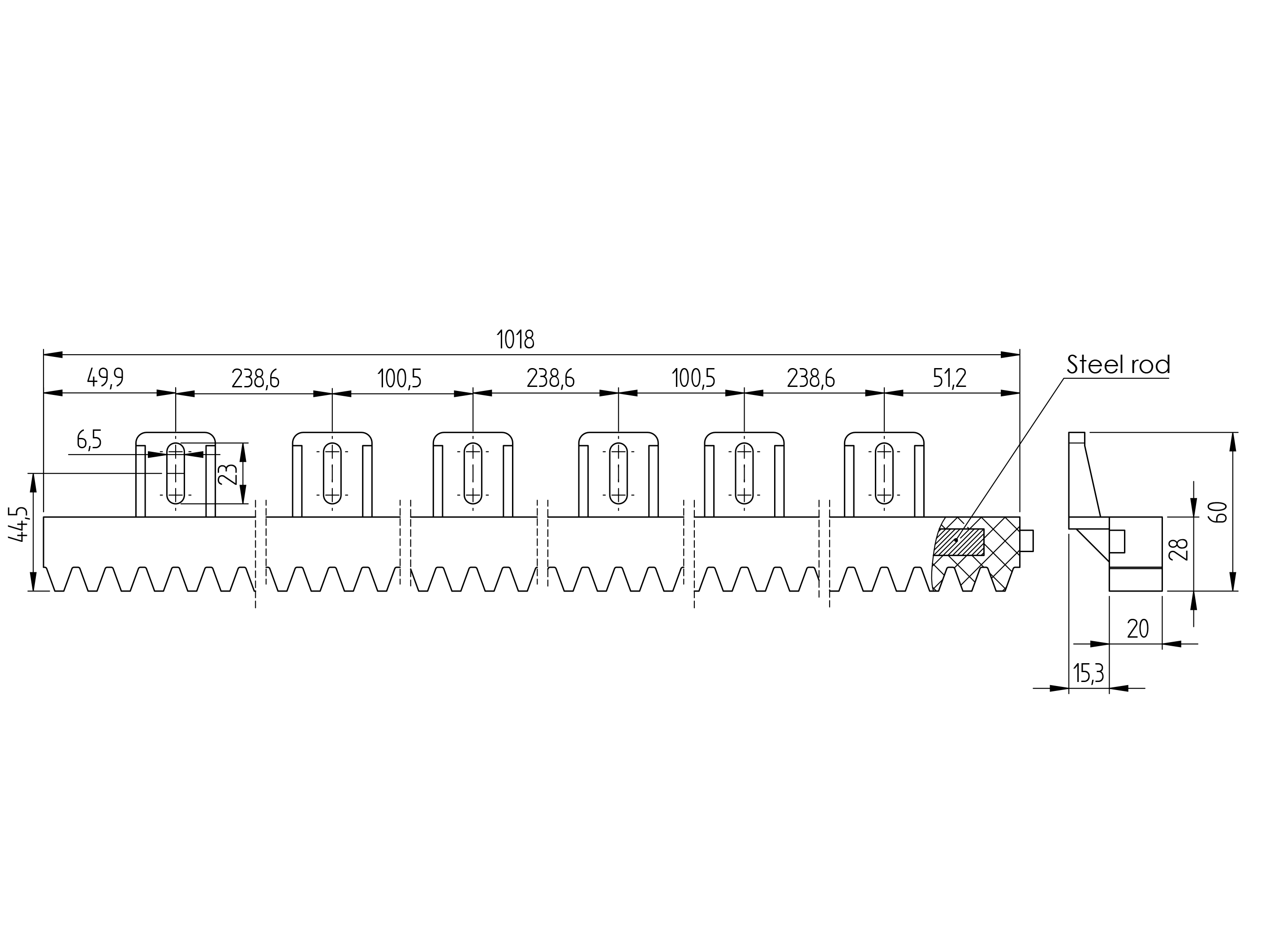 Zahnstange Kunststoff mit Stahlkern 27x18 mm L=1000 mm Modul 4 fr Schiebetore-89-11H01PVCUP-A.4