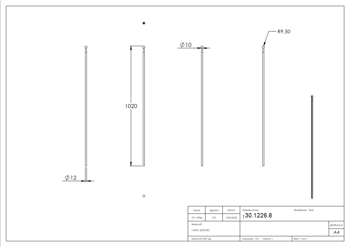 Zaunstab - Laenge- 1020 mm - Material Ø 12 mm - Kugel Ø 19 mm - Stahl S235JR- roh-30-1226.8