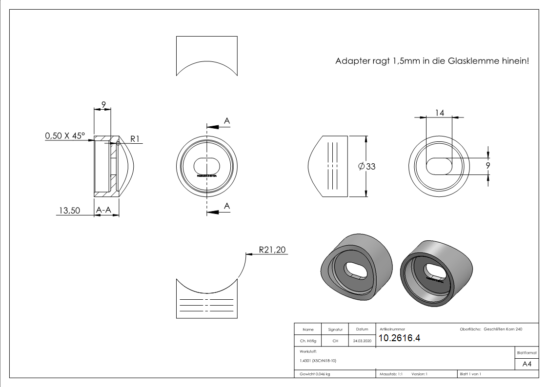 Anschlussstueck - Adapterstueck  - fuer Anschluss 42-4 mm - V2A-10-2616.4