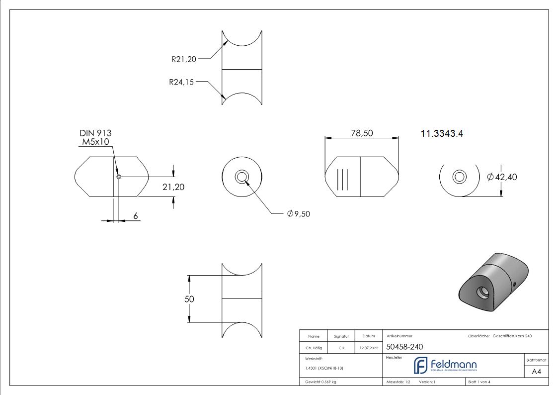 Rohrverbindungsstueck verstellbar fuer Rundrohr Ø 42-4 mm V2A-11-3343.4