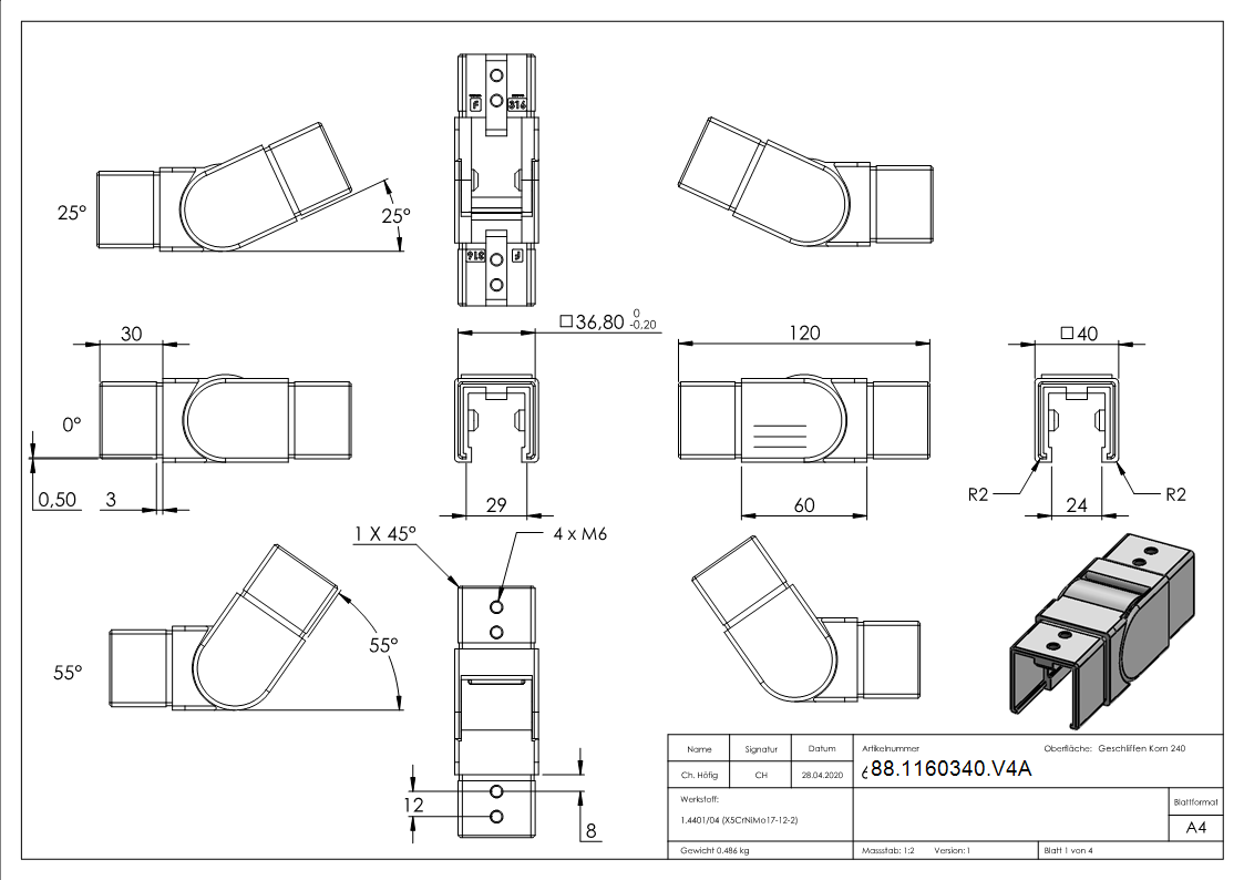 Flexibler Verbinder Edelstahl V4A fuer Quadratnutrohr 40x40 mm 25-55°-88-1160340.V4A