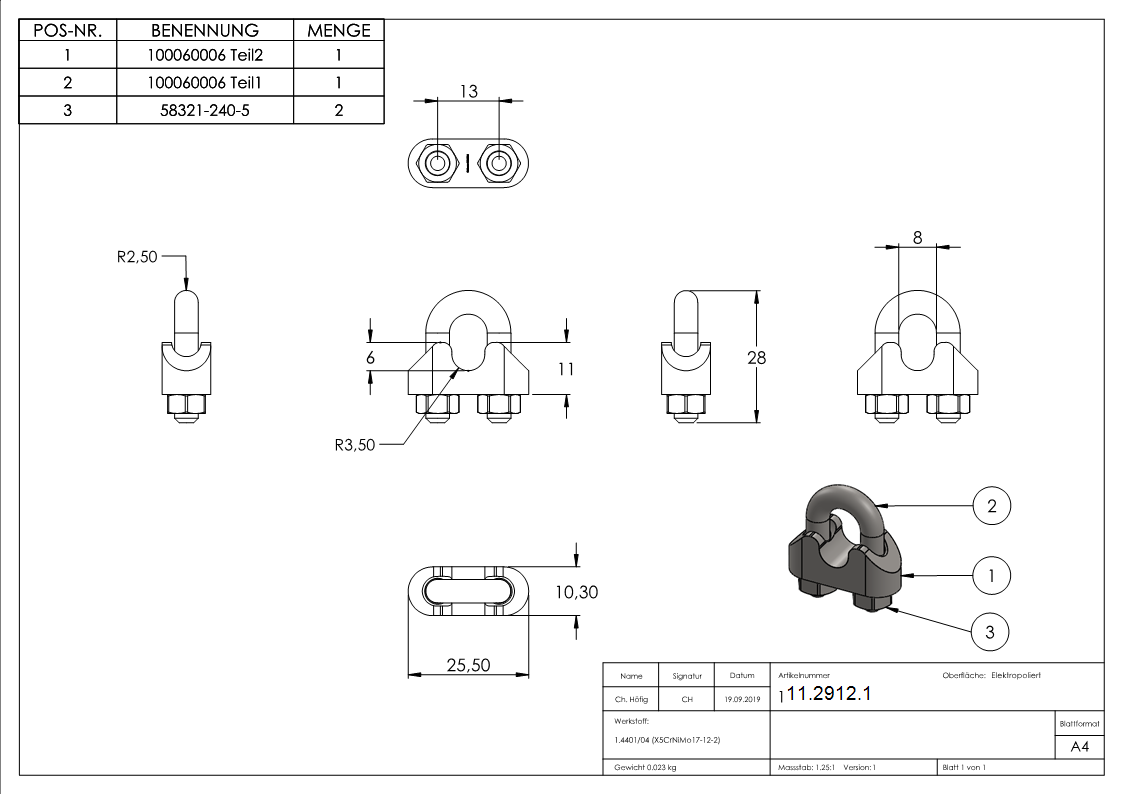 Drahtseilklemme - fuer Seil Ø- 6 mm - Gewinde- M5 - V4A-11-2912.1