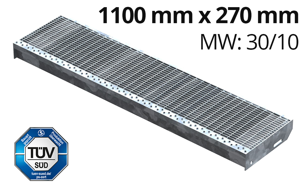 Gitterroststufe Treppenstufe Masse- 1100x270 mm 30-10 mm S235JR -St37-2- im Vollbad feuerverzinkt-40-1102731.7