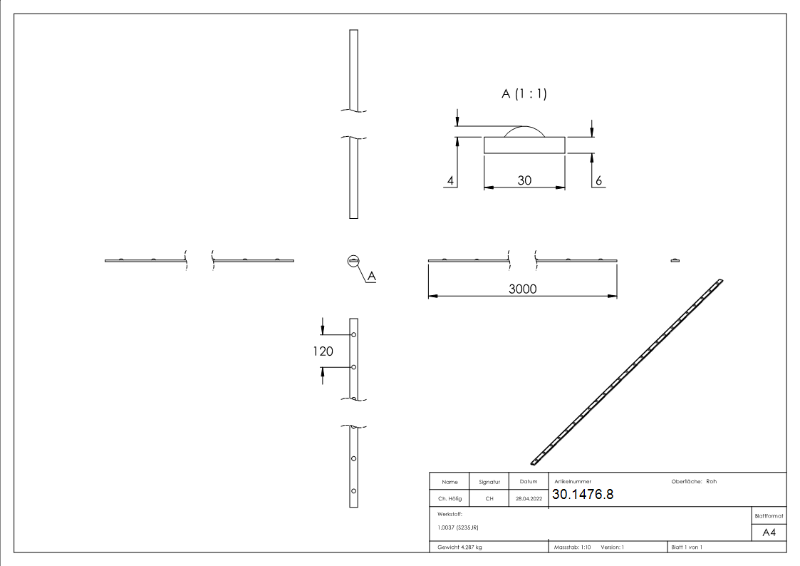 Zier-Flacheisen 30x6 mm Nietenoptik 3000mm Stahl S235JR roh-30-1476.8