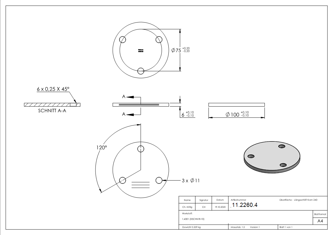 Ankerplatte Ø 100 x 6 mm mit 3 Bohrungen á Ø 11 mm V2A-11-2260.4