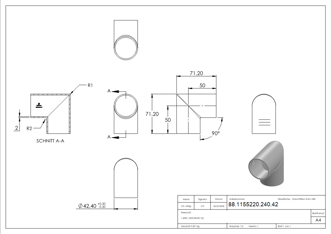 Schweissecke 90°- 42-4 x 2-0mm- V2A-88-1155220-240.42