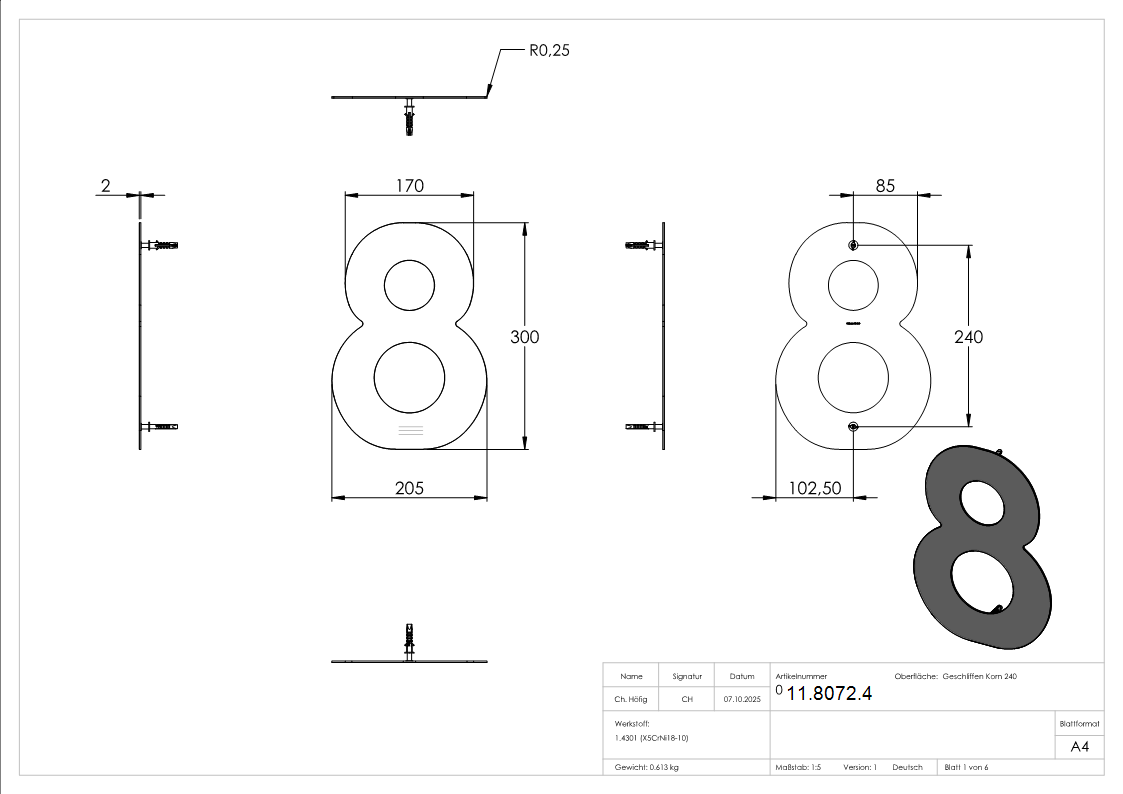 Hausnummer 8 - gross - Masse- 200 mm x 300 mm - V2A-11-8072.4