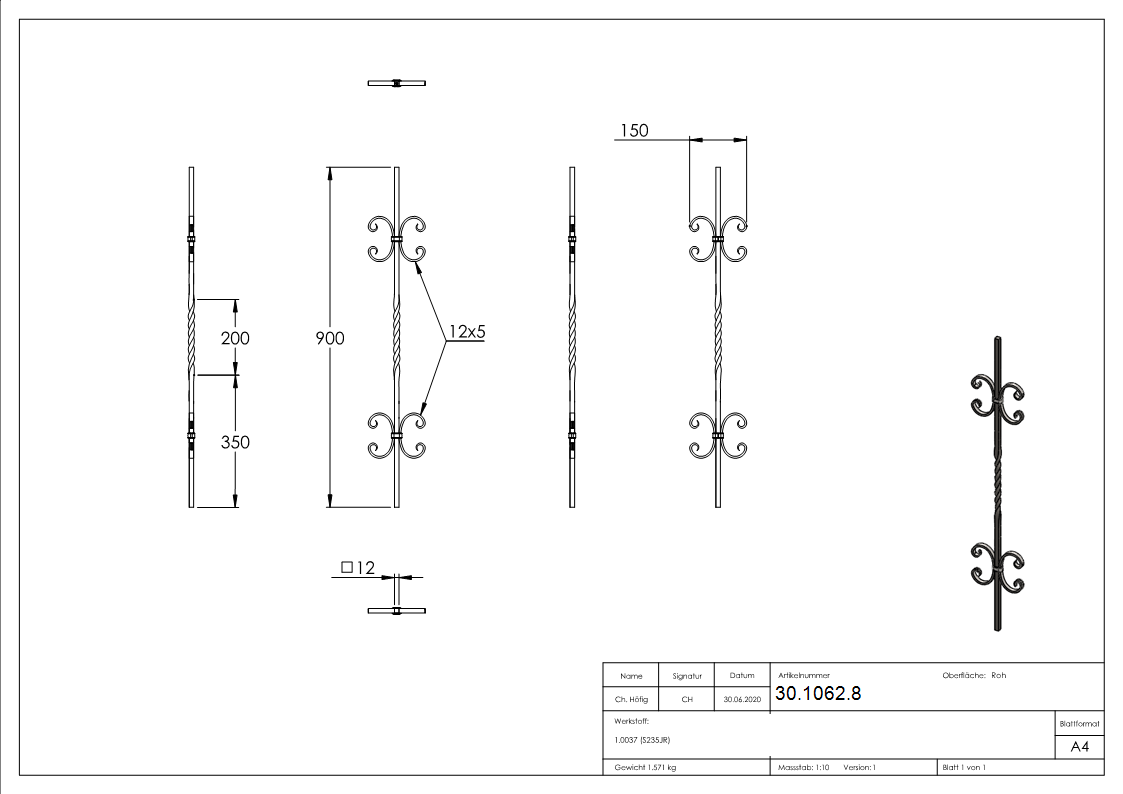Zierstab - Laenge- 900 mm - Material- 12x12mm - glatt - Stahl -Roh- S235JR-30-1062.8