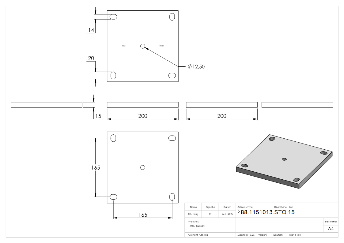 Ankerplatte Stahl roh 200 x 200 x 15 mm mit Langloechern-88-1151013-STQ.15