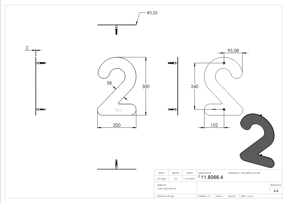 Hausnummer 2 - gross - Masse- 200 mm x 300 mm - V2A-11-8066.4