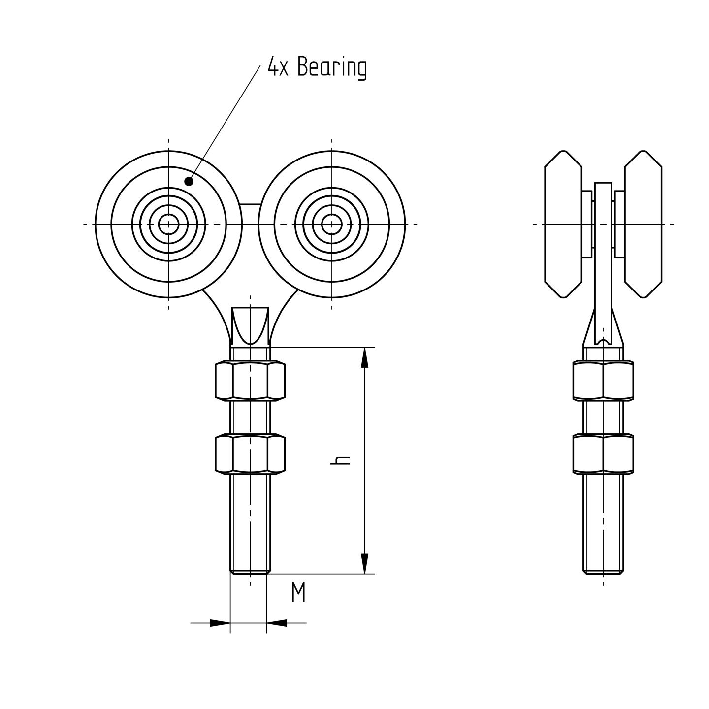 Laufwagen 4-rollig Edelstahl V2A fuer Profil 42x54 mm M12 bis 500 kg-89-11H80842X54-A.4