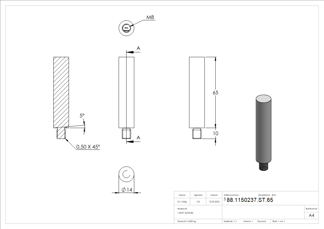 Stift Stahl roh S235JR Ø 14 mm- L = 65 mm- M8 Gewinde zum Anschweissen-88-1150237-ST.65
