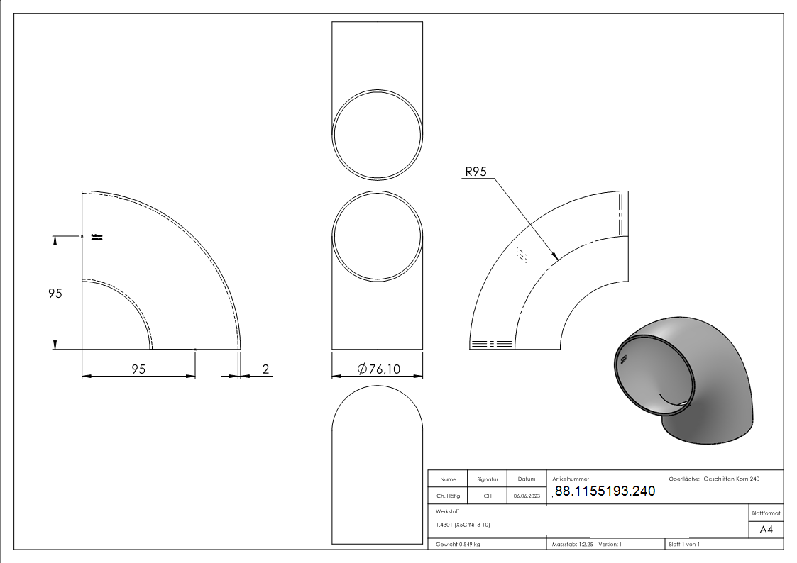 Schweissbogen 90° Edelstahl V2A Ø 76-1 x 2-0 mm geschliffen-88-1155193.240