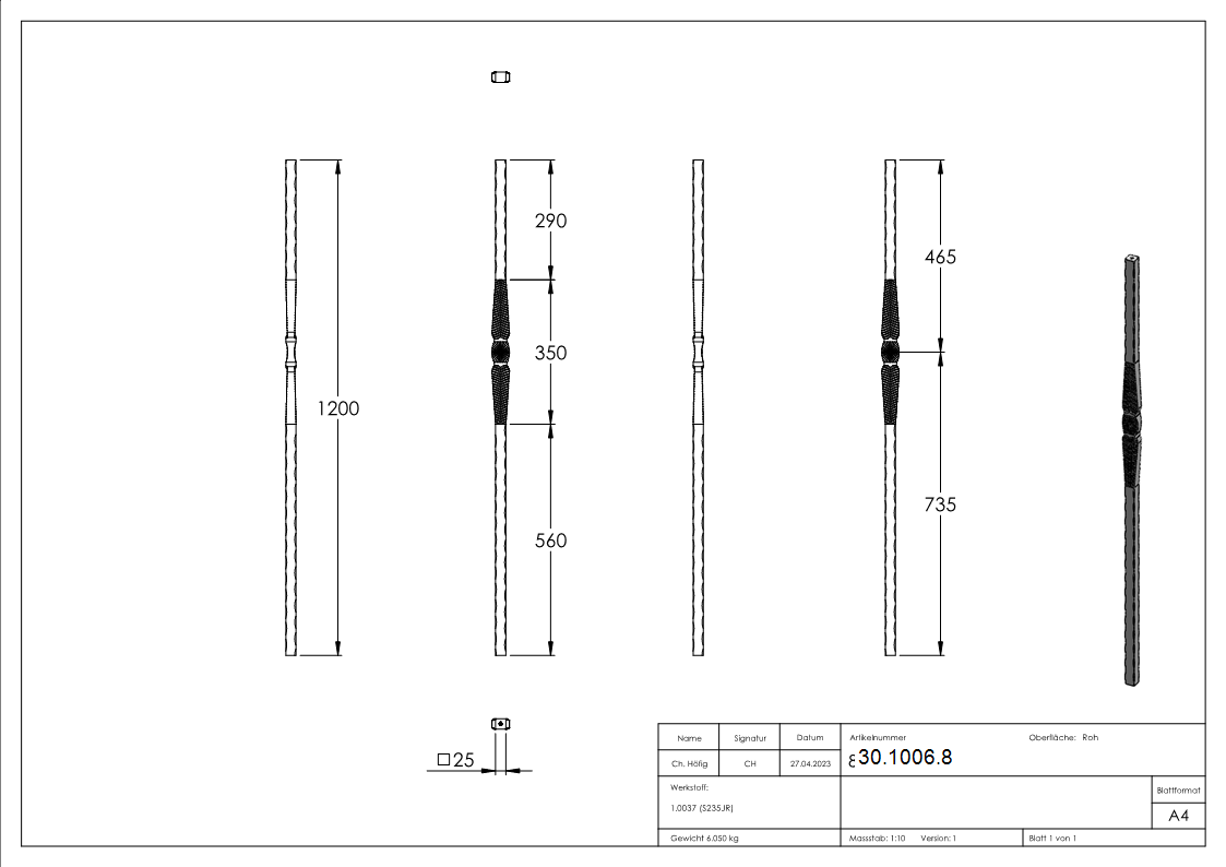 Anfangsstab Pfosten Laenge- 1200 mm Material- 25x25 mm Stahl S235JR- roh-30-1006.8