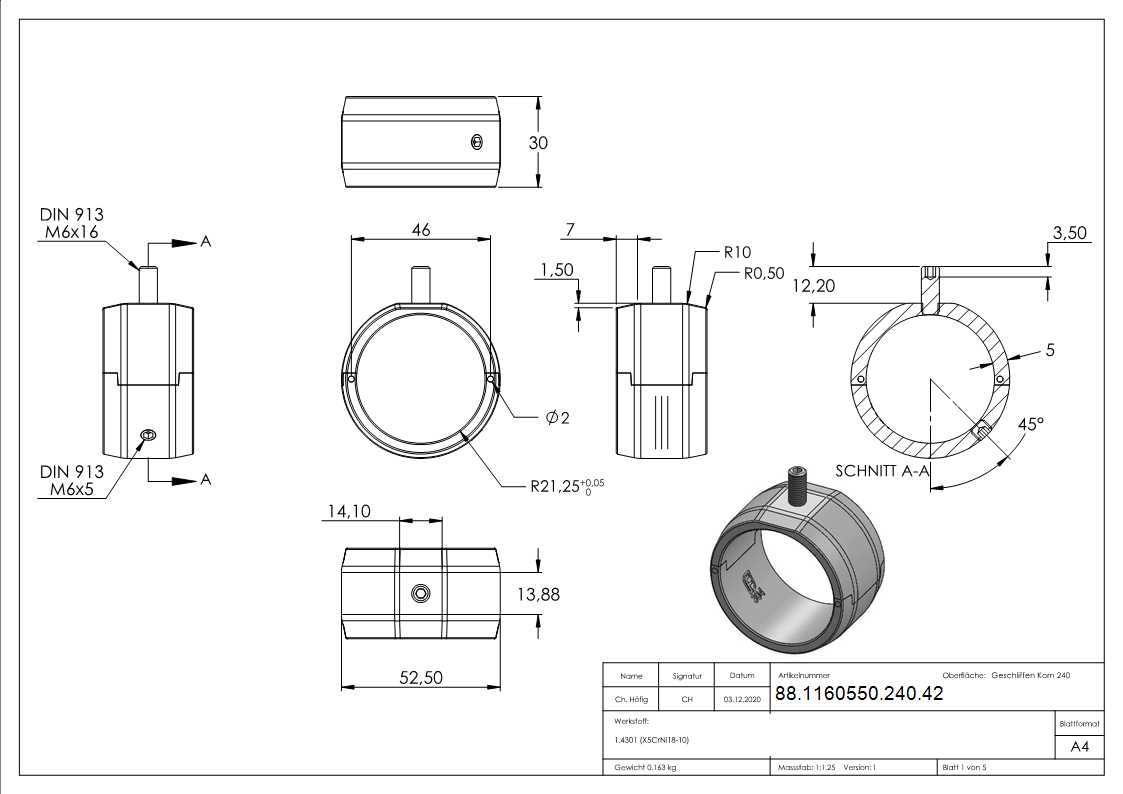 Handlauferhoehung Edelstahl V2A fuer Rohr Ø 42-4 x 2-0 mm geschliffen Korn 240-88-1160550-240.42