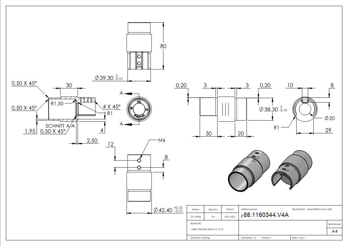 Rohrverbinder Edelstahl V4A fuer Nutrohr Ø 42-4x1-5 mm auf Rohr Ø 42-4x2-0 mm-88-1160344.V4A