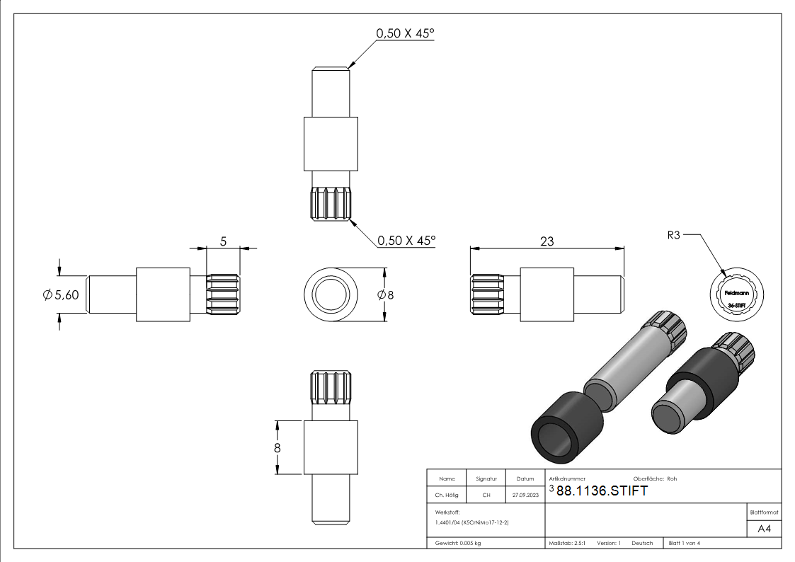 Sicherungsstift Edelstahl V4A fuer Glasklemme Modell 36-88-1136.STIFT