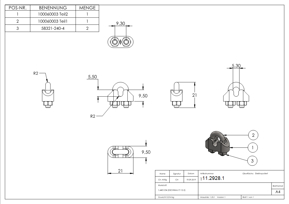 Drahtseilklemme - fuer Seil Ø- 3 mm - Gewinde- M4 - V4A-11-2928.1