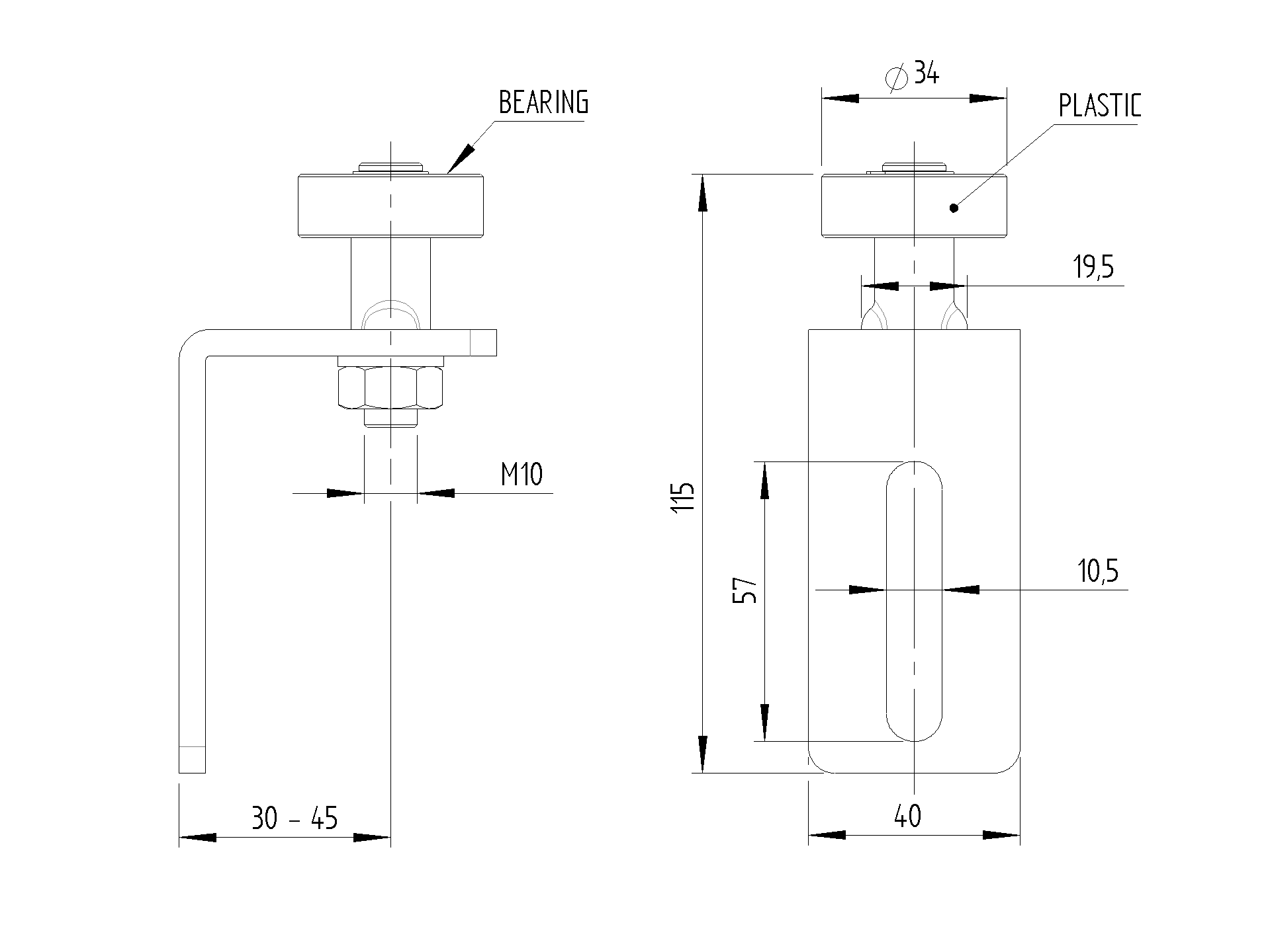 Fuehrungswinkel mit Kunststoffrolle Edelstahl V2A H=115mm B=40mm geschliffen-89-11H853-A.4