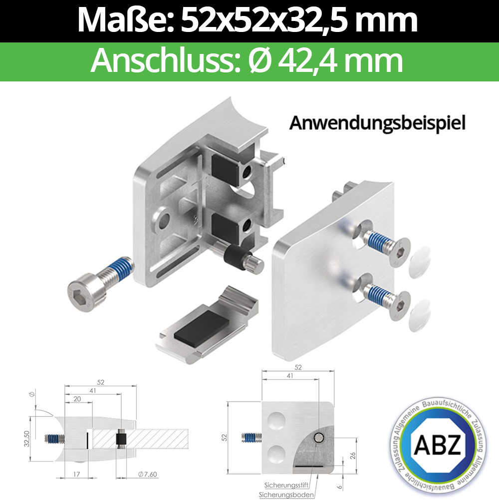 Glasklemme AbZ 52x52x32-5 mm  fuer Anschluss  Flach - Ø 42-4 mm - Ø 48-3 mm - 60-3 mm-10-MODELL34-42-13-1.1