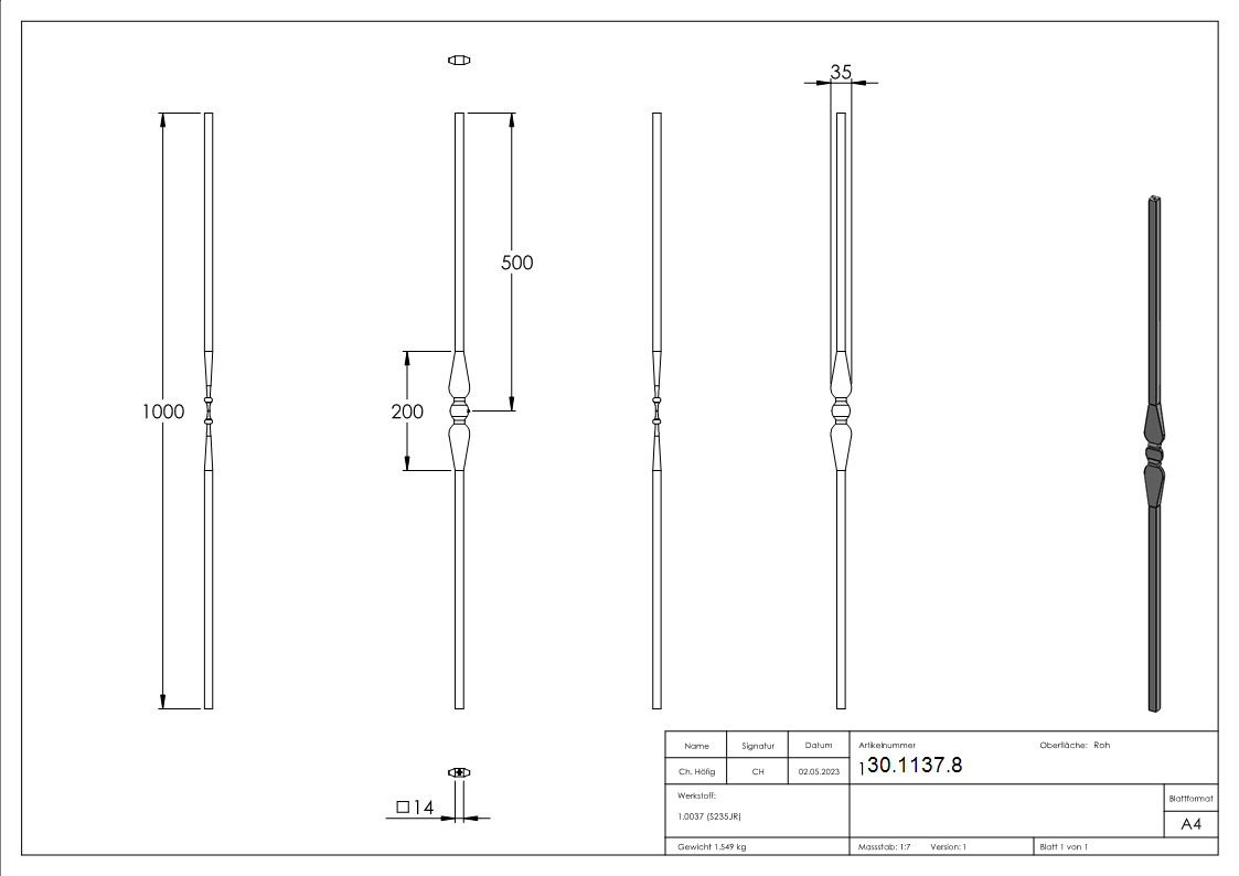 Zierstab - Laenge- 1000 mm - Material- Ø14 mm glatt - Stahl S235JR- roh-30-1137.8