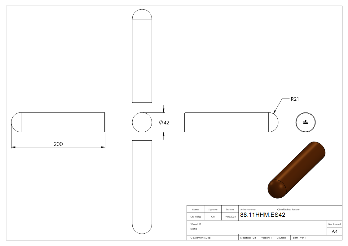 Holzhandlauf Esche Ø 42mm- Laenge 200mm- lackiert-88-11HHM.ES42