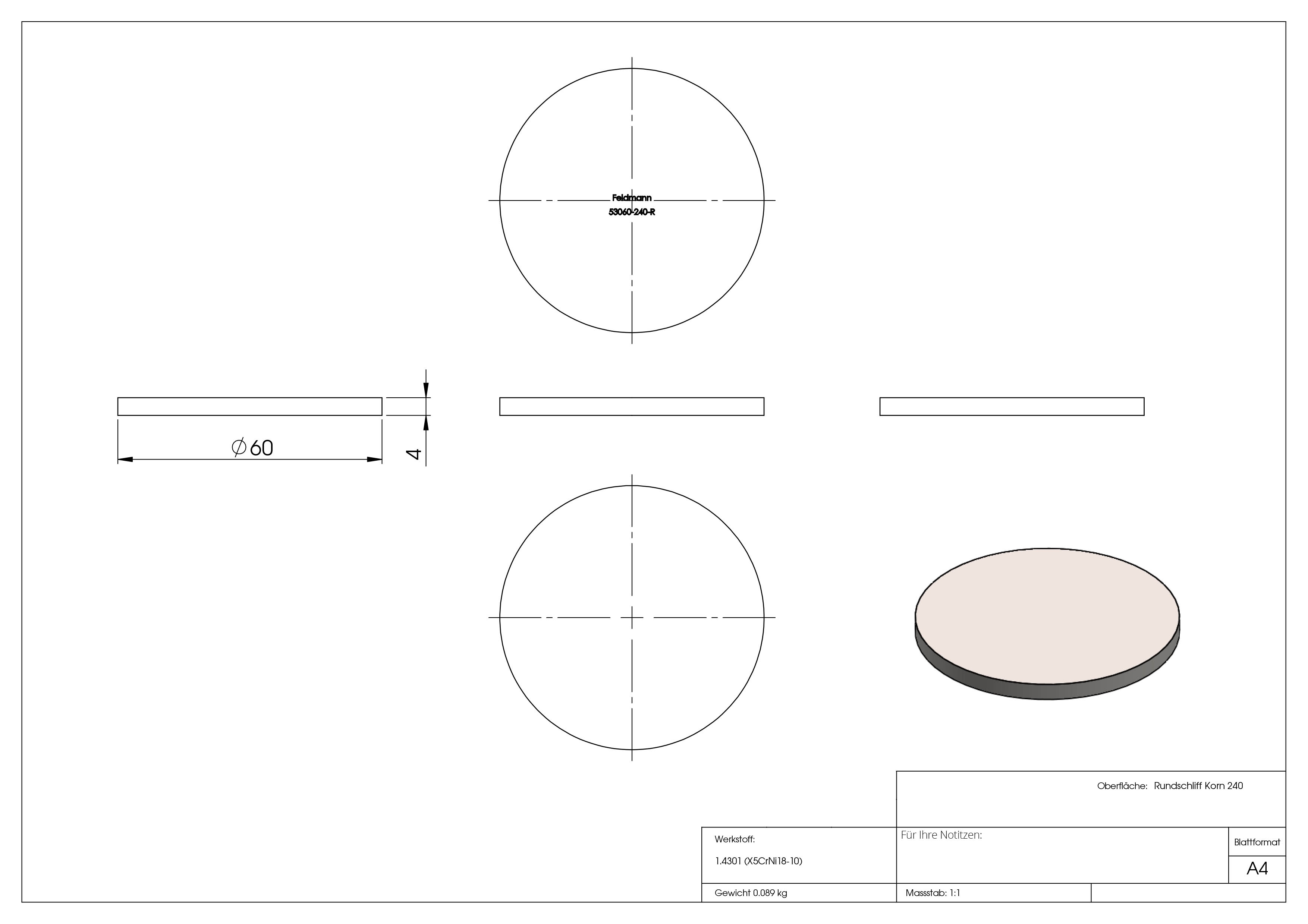 Ronde - Masse- Ø 60x4 mm - mit Rundschliff - V2A-11-2239R.4