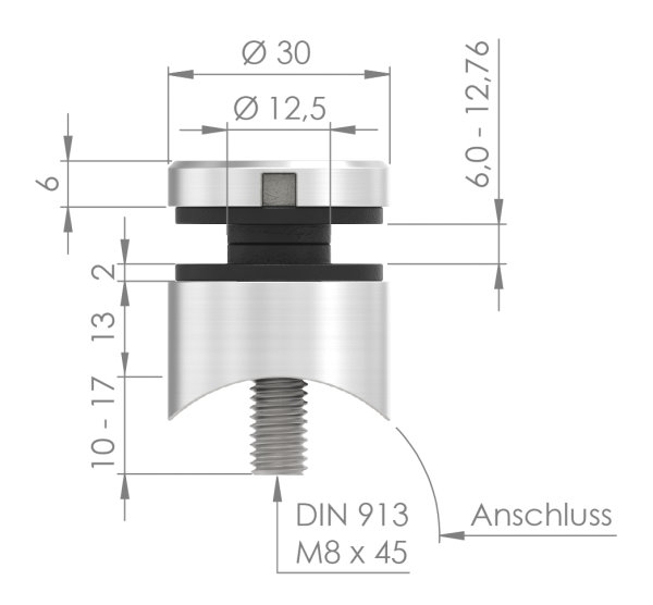 Glaspunkthalter Ø 30 mm- V4A- Anschluss- Rohr Ø 42-4 mm-10-5042.1