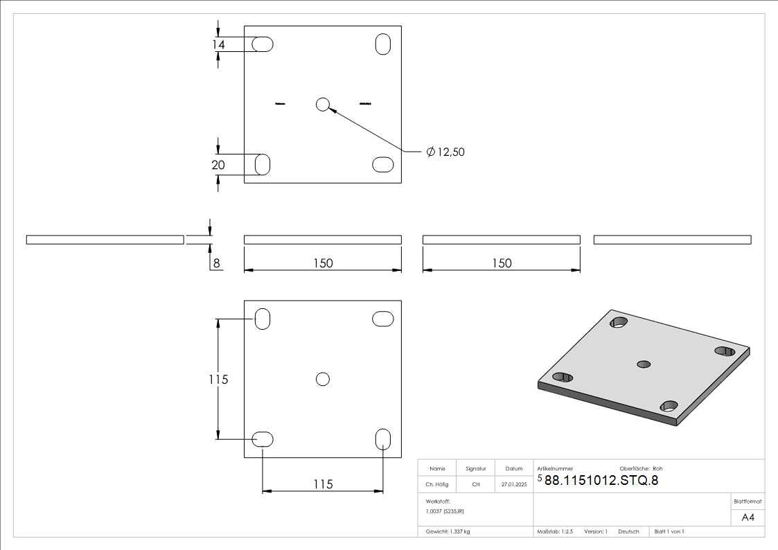 Ankerplatte Stahl roh S235JR 150 x 150 x 8 mm mit 4 Langloechern-88-1151012-STQ.8