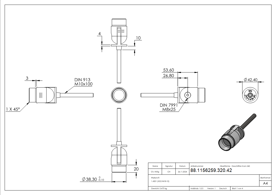 Wandhalter V2A fuer Rohr Ø 42-4 x 2-0 mm mit Gelenk zum Einbetonieren-88-1156259-320.42