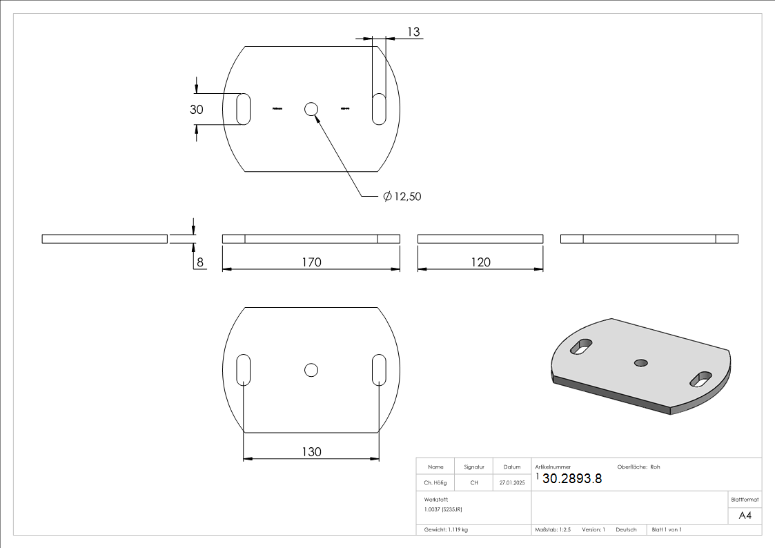 Ankerplatte 170x120x8 mm 3 Bohrungen -  Stahl roh-30-2893.8