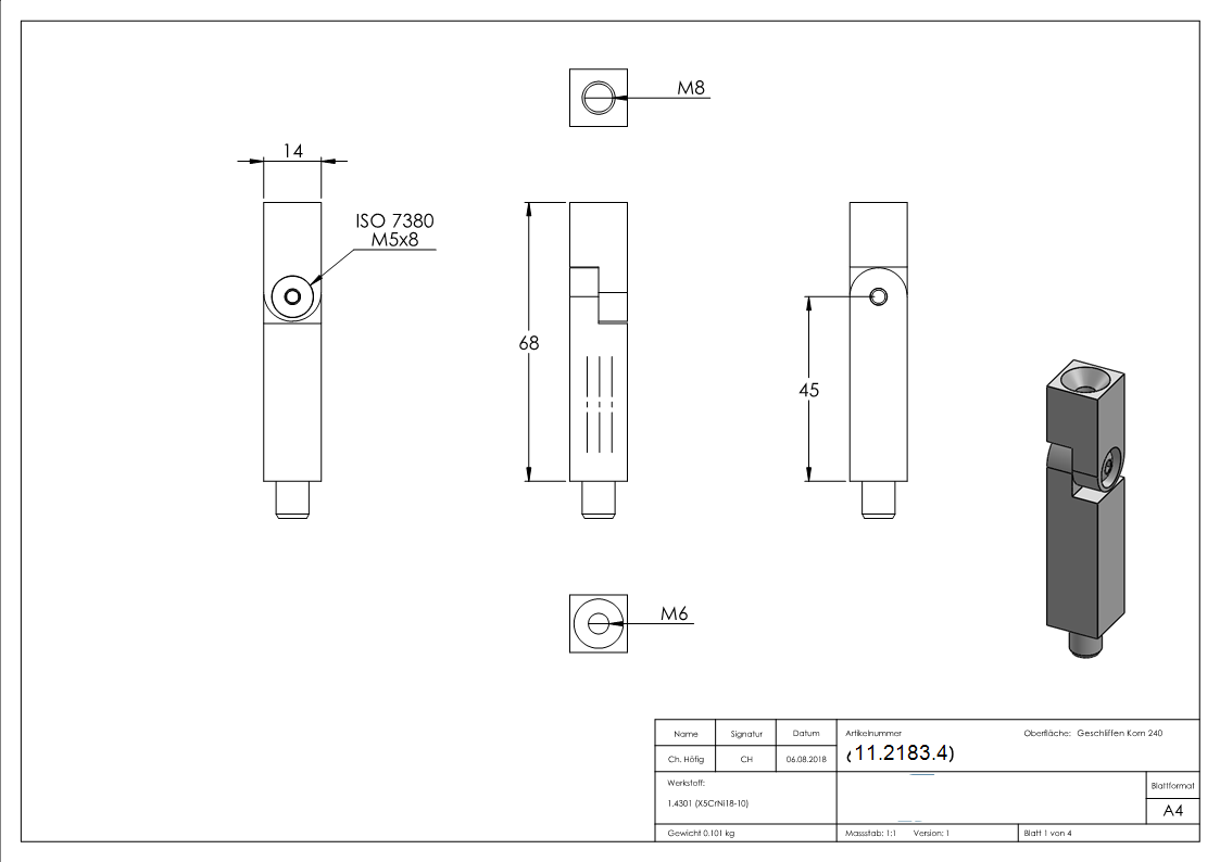 Gelenkstift - Masse- 68x14x14 mm - mit Aussen- und Innengewinde - V2A-11-2183.4