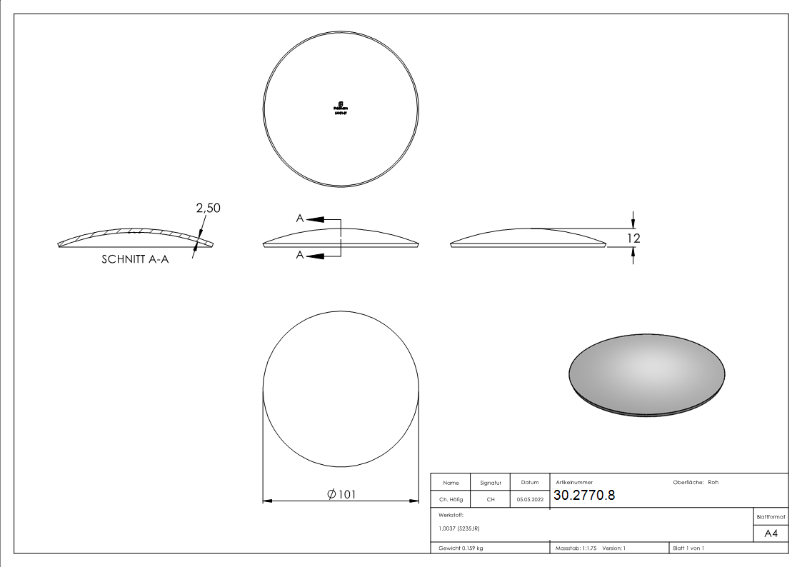 Kloepperboden Rohrabschluss Ø 101-0x2-5 mm Stahl roh Hoehe- 12 mm-30-2770.8