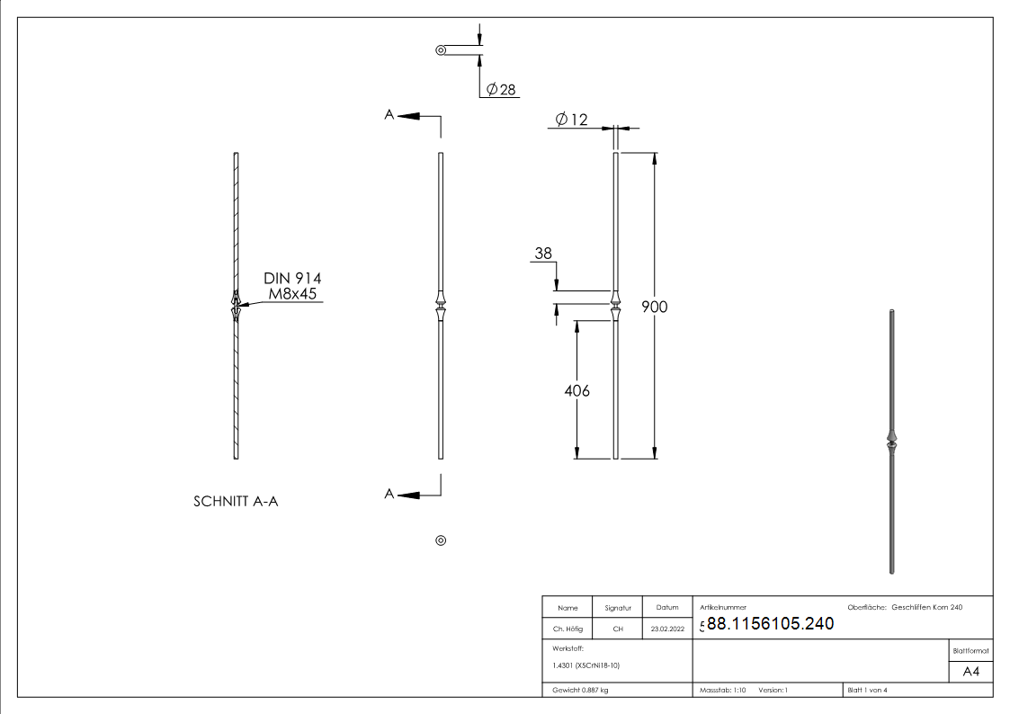 Zierstab Edelstahl V2A Ø 12 mm L = 900 mm ohne Kugel geschliffen Korn 240-88-1156105.240