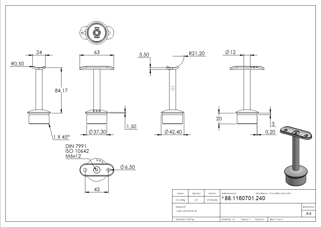 Rohrabschlussstopfen mit Handlaufplatte Edelstahl V2A fuer Rohr Ø 42-4x2-5 mm-88-1160701.240