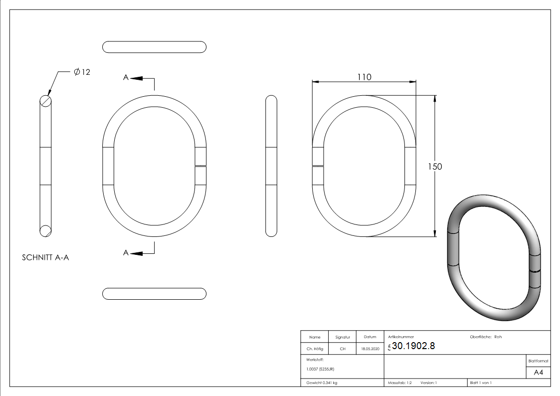 Ring - oval - Material- 12 mm - Aussen-Ø- 150x110 mm - Stahl S235JR- roh-30-1902.8