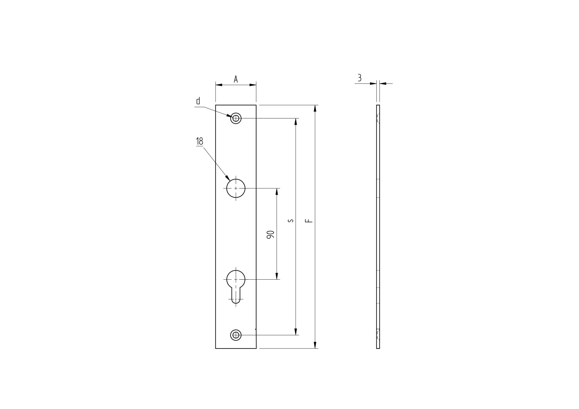 Drueckerlangschild verzinkt 240x50 mm- 90 mm Lochabstand-89-11D103-A.4