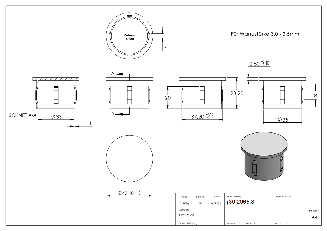 Stahlstopfen - flach - fuer Rohr Ø 42-4 x 3-0-3-5 mm - Stahl -Roh- S235JR-30-2965.8