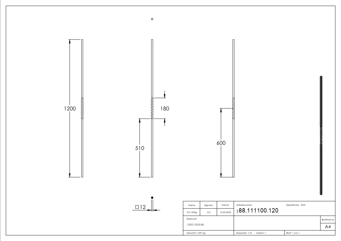 Schmiedestab Schmiedeeisen roh 12x12 mm L = 1200 mm 1x gedreht-88-111100.120