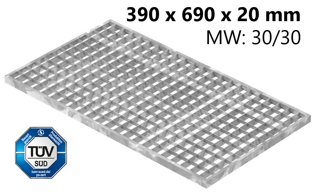 Lichtschachtrost Baunormrost - Masse-  390x690x20 mm 30-30 mm - aus S235JR -St37-2- im Vollbad feuerverzinkt-23-39693020.7