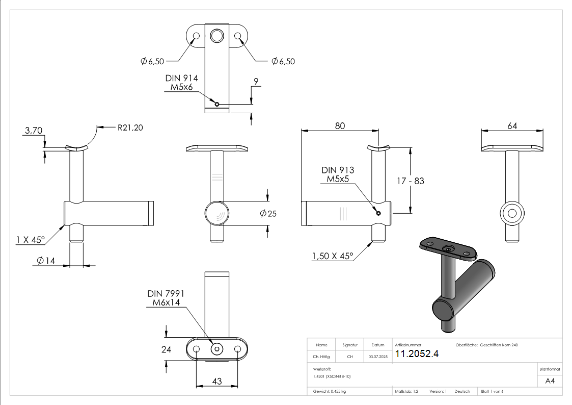 Handlaufhalter V2A fuer Rohr 42-4 mm Wandabstand 80 mm zum Anschrauben-11-2052.4