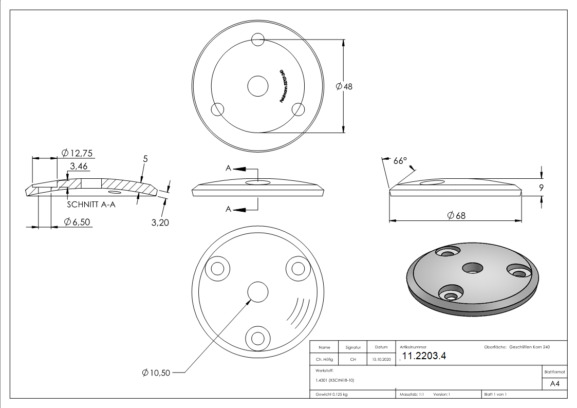 Ankerplatte Ø 68 x 5 mm gewoelbt mit Zentrierbohrung- Ø 10 mm V2A-11-2203.4