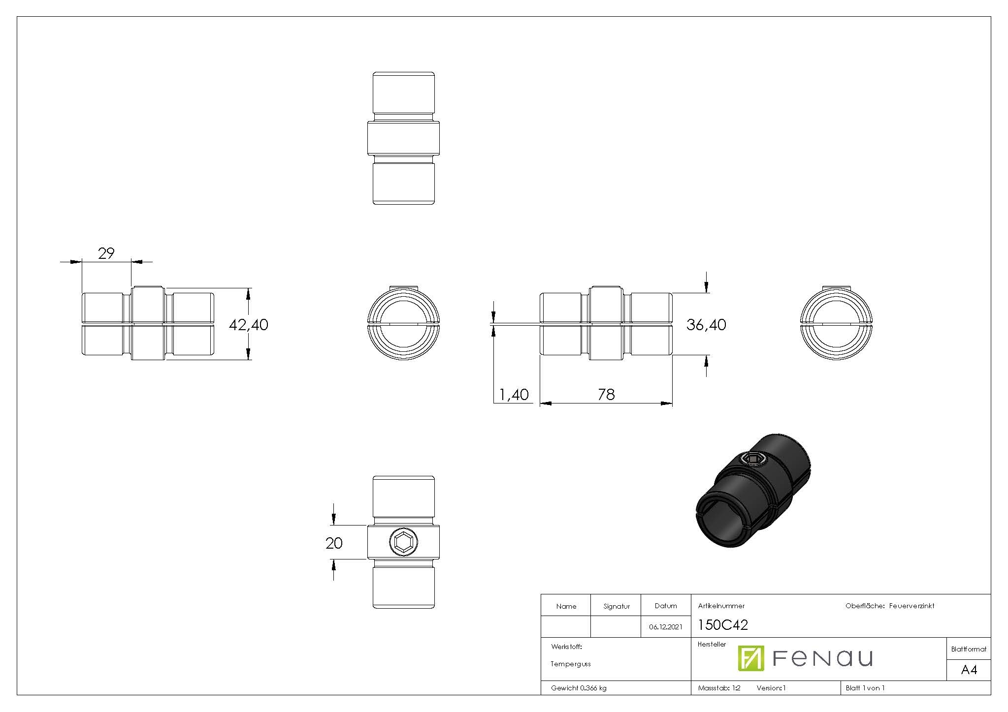 Rohrverbinder Verbindungsstueck innen Ø 42-4 mm -1 1-4- - Temperguss verzinkt - 150C42-150C42