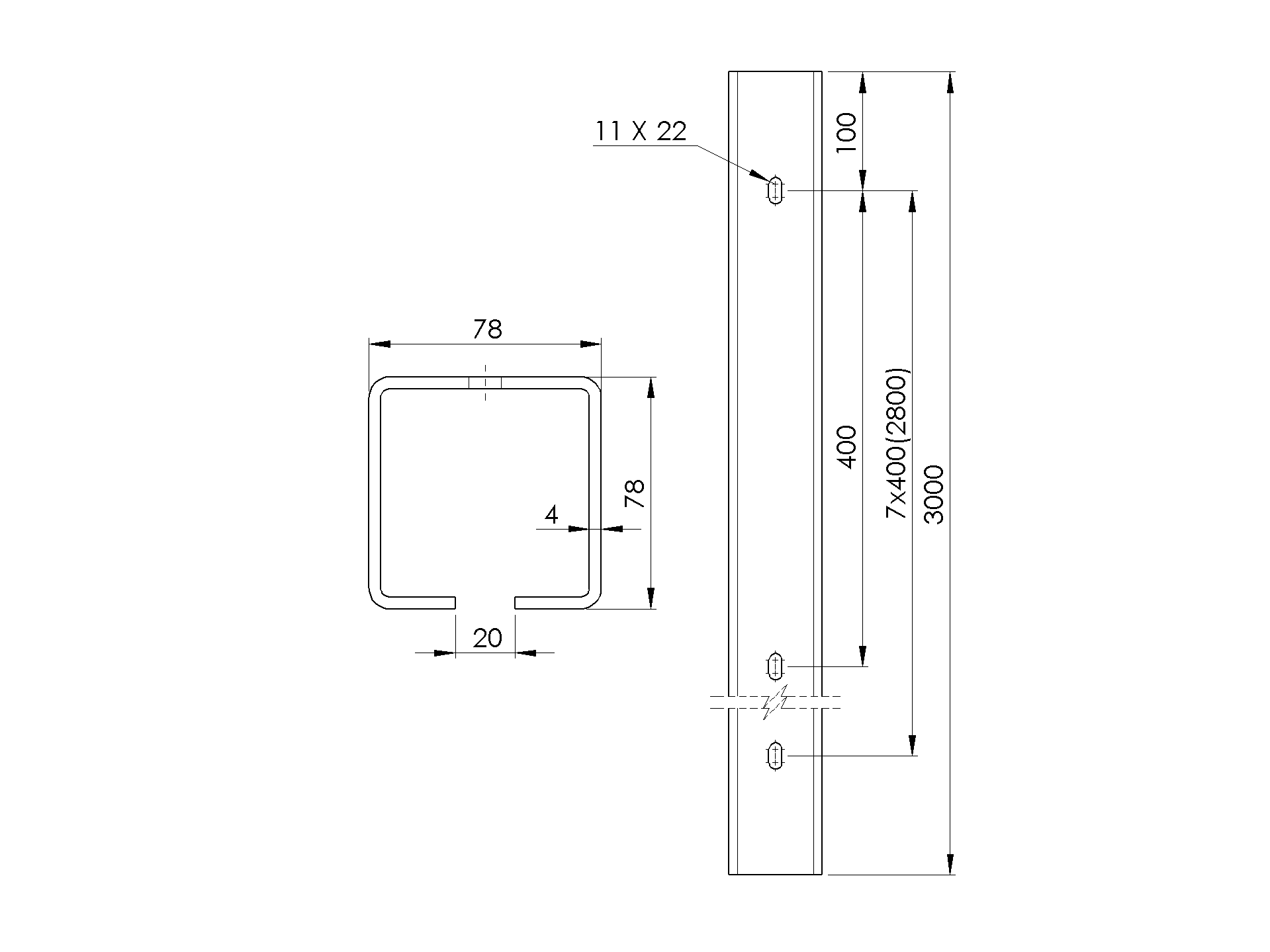 Fuehrungsprofil Stahl verzinkt 78 x 78 x 4-0 mm L = 3000 mm gelocht-89-11H0280X80ZND3000-A.4
