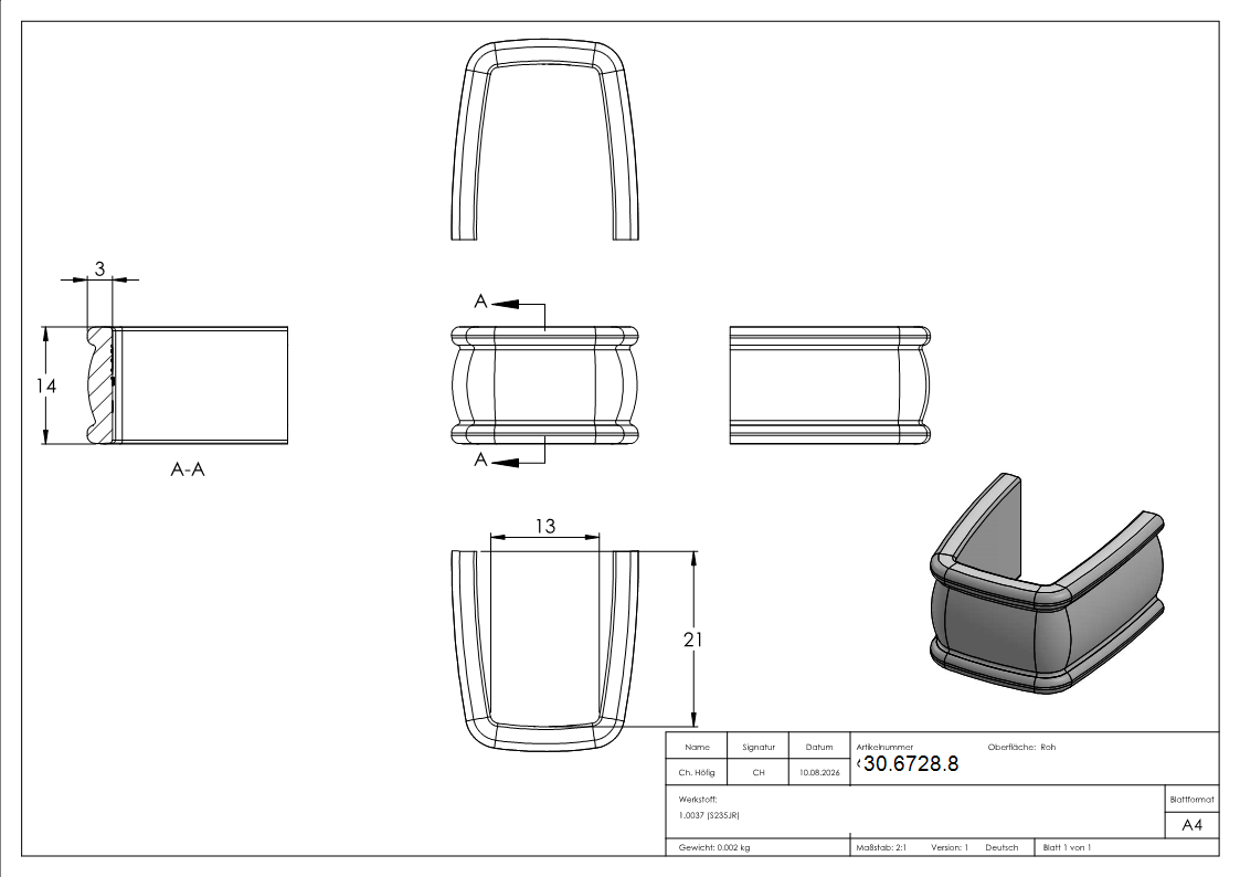Bund - 1 Stueck - Material- 14x3 mm - Innenmass- 13x21 mm - Stahl -Roh- S235JR-30-6728.8