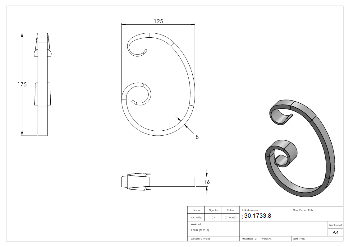 16er Serie - Masse- 175x125 mm - Material- 16x8 mm- einseitig glatt - Stahl S235JR- roh-30-1733.8